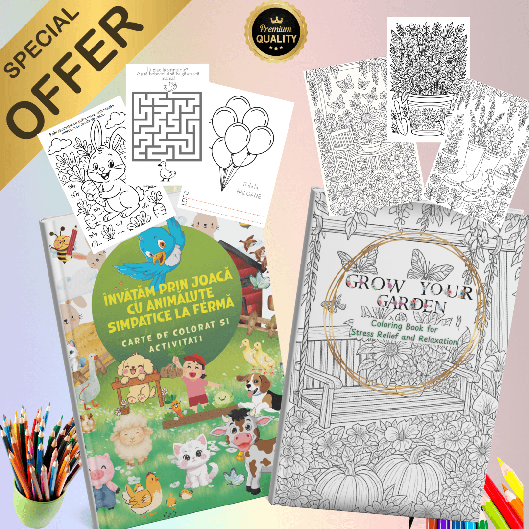 Pachet Copil & Părinte cărți de colorat si activități de învățare  prin joacă | Pachet digital gata de printat | Relaxare creativă