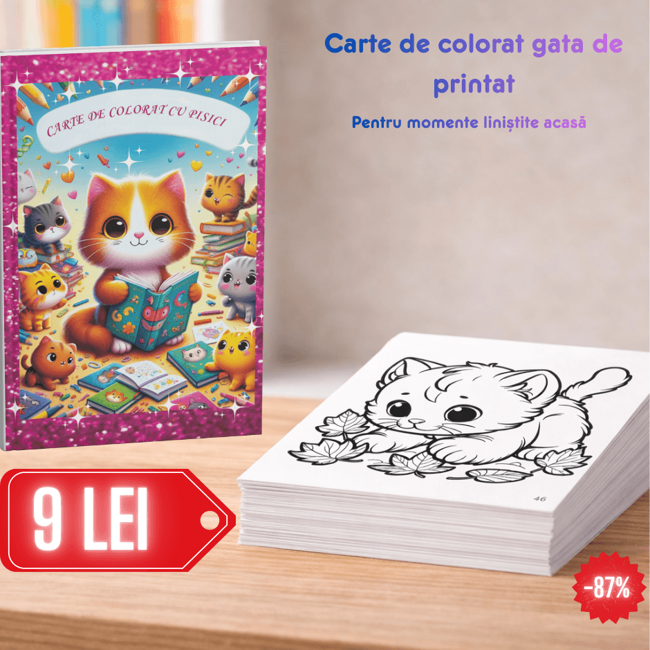 Carte de colorat de printat – Pisici adorabile pentru copii 3–8 ani | Activitate creativă fără ecrane cu cartea de printat acasa