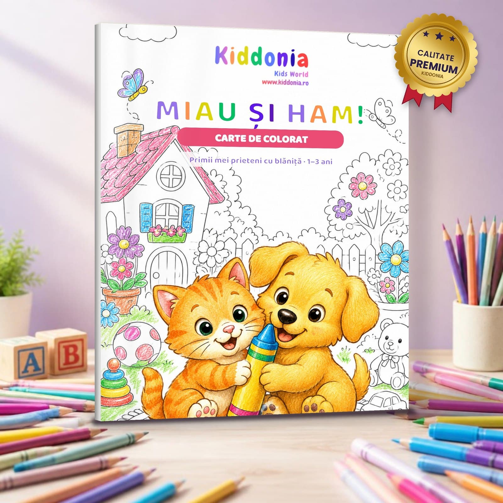 Carte de colorat Miau și Ham, 58 de desene cu pisicuțe și cățeluși, 1-3 ani